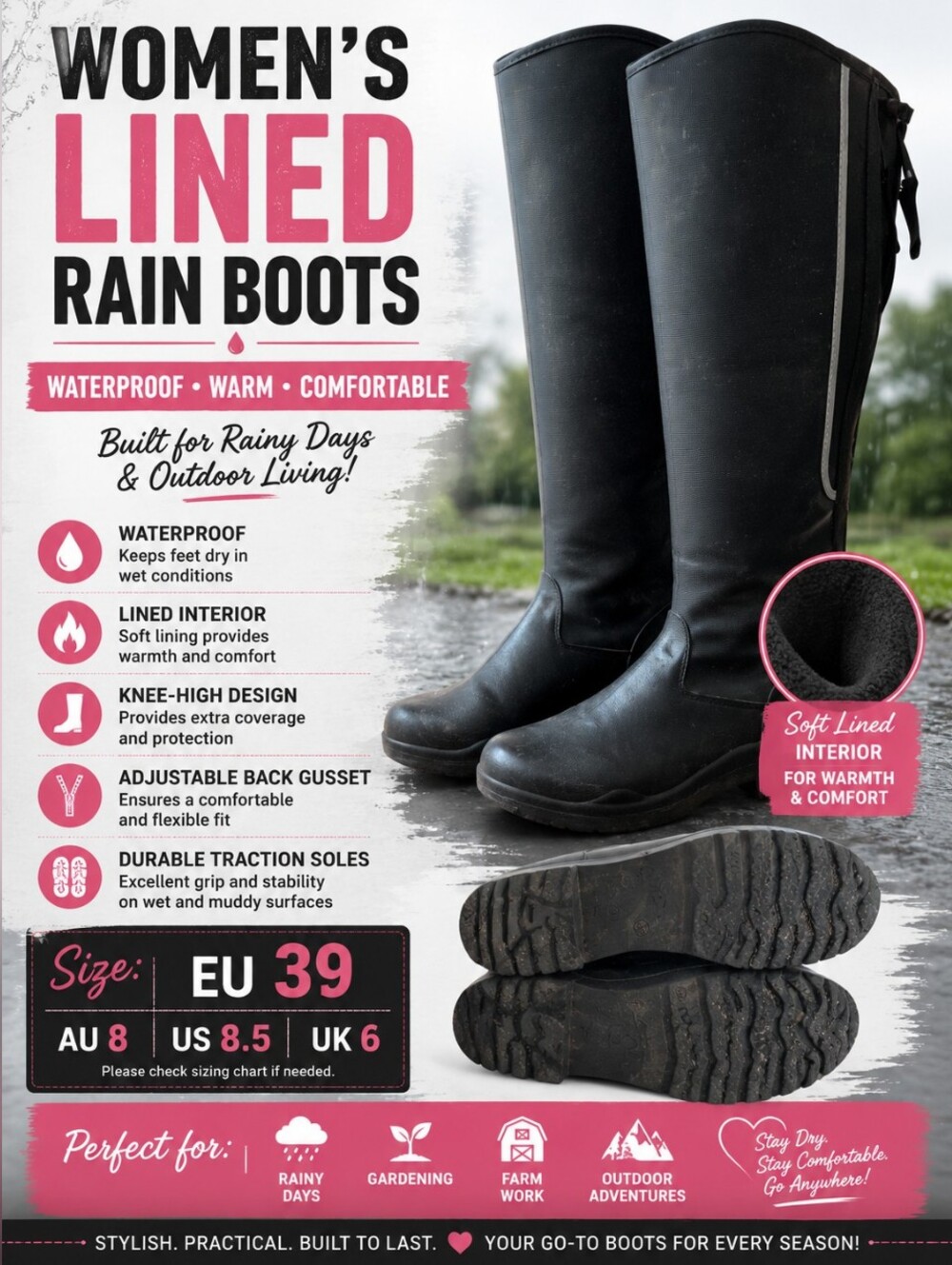 Women's Black Lined Rain Boots Size 39 Waterproof Knee High Outdoor Rubber Boots